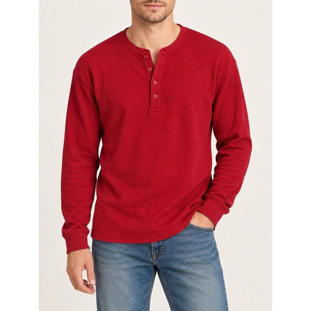 Gap Henley Shirt Men L Red Waffle Knit Thermal Long Sleeve Plaid Trim Casual Top